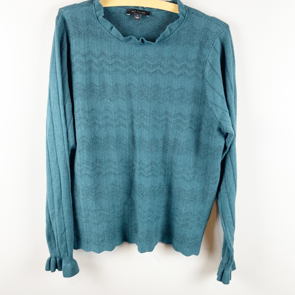 Ann Taylor wool blend pointelle knitted lettuce hem teal  mock neck top XL